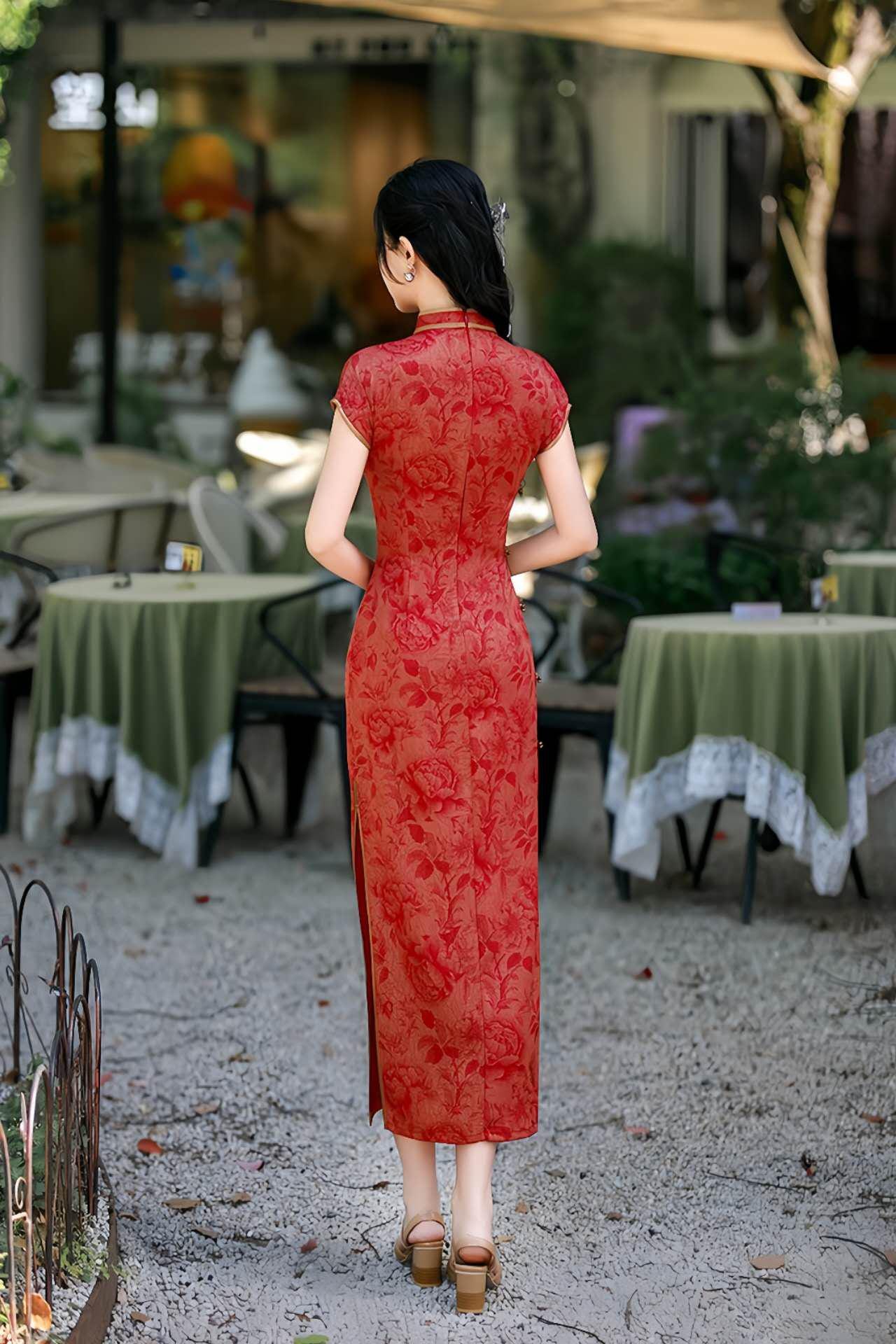 Vestido Qipao Brocado Rojo, Elegante Cheongsam Chino, Vestido Regalo Madre Asiática, Vestido Retro Té Oriental, Vestido Largo
