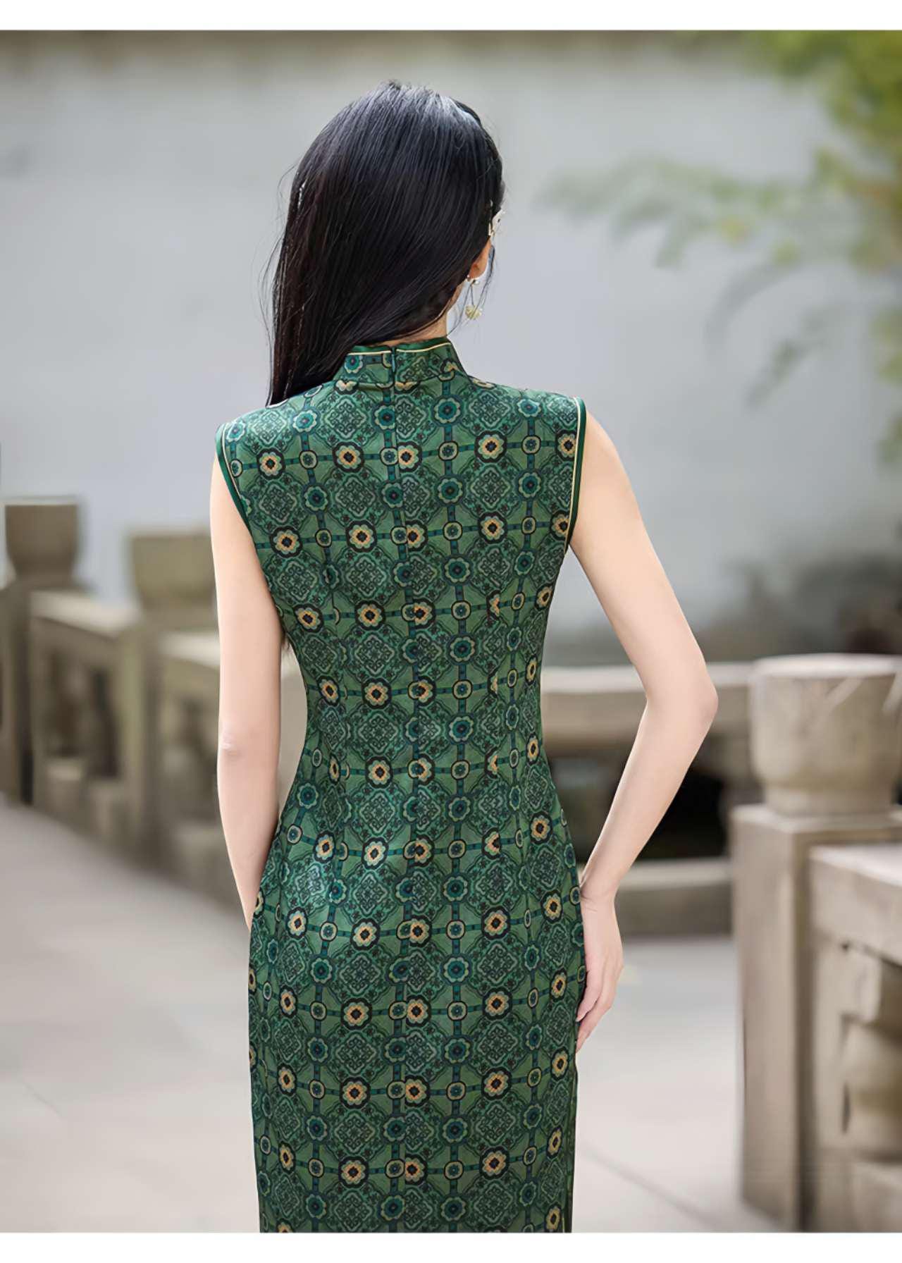 Qipao Chino Vintage,Vestido Cheongsam Retro Elegante,Vestido Qipao Estampado Verde,Qipao Estilo Tradicional,regalo cultural,Ceremonia del Té