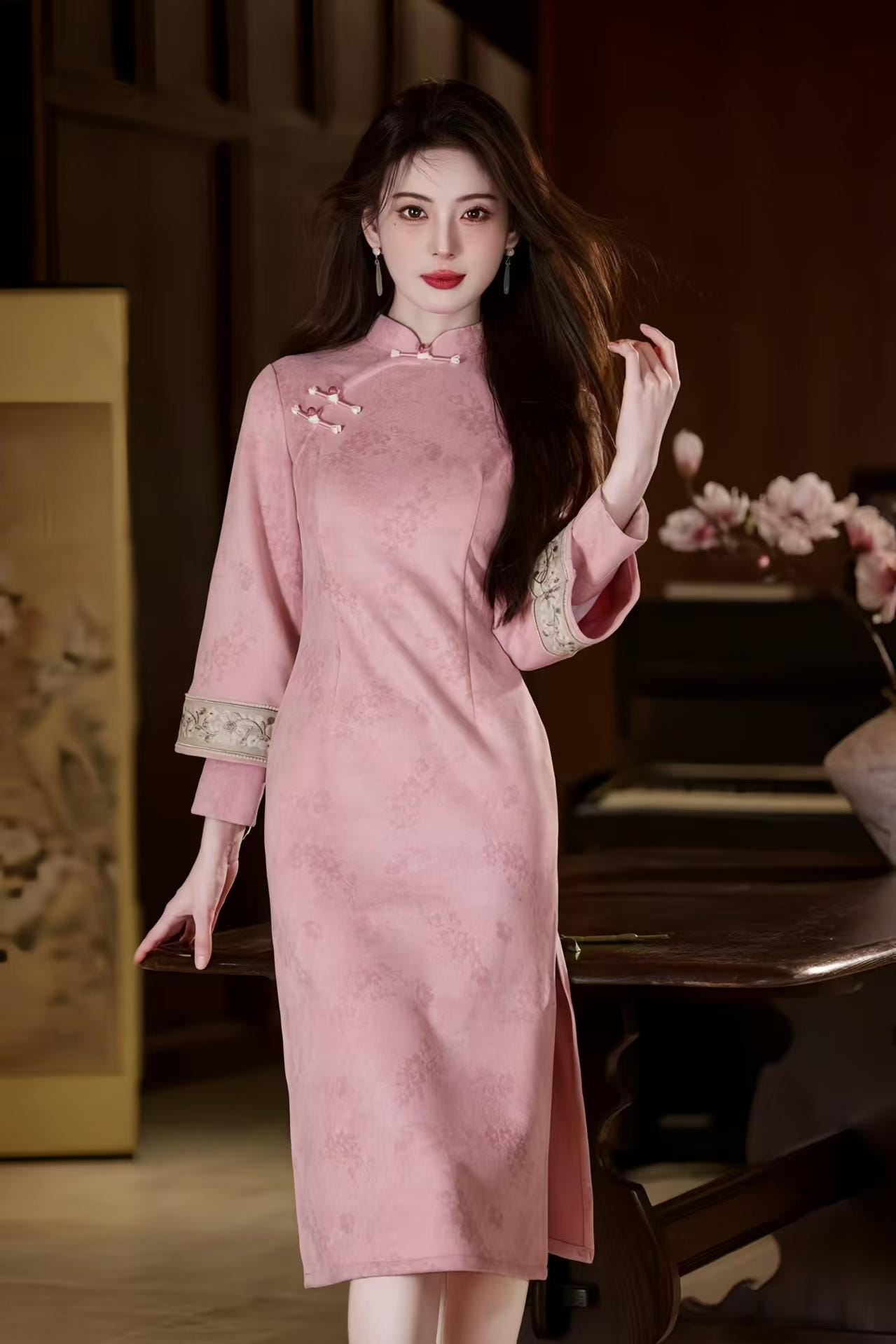 Printed Velvet Qipao, Two-Tone Cheongsam Dress, Elegant Oriental Midi Dress, Retro Chinese Autumn Dress, Pink Blue Party, Gift