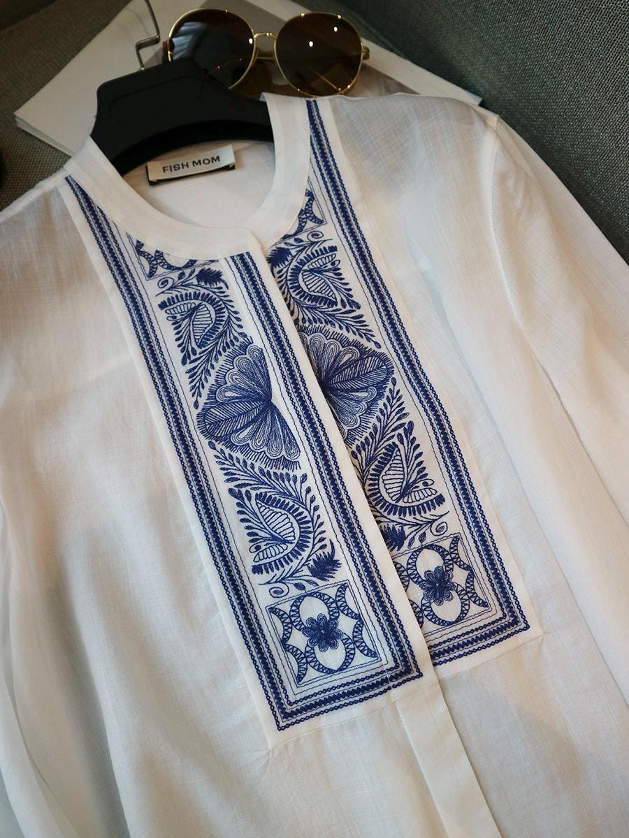 Camisa Lino Bordado Étnico - Blusa Boho Blanca Mujer – Top étnico manga larga – Blusa campesina blanca – Blusa artesanal hecha a mano
