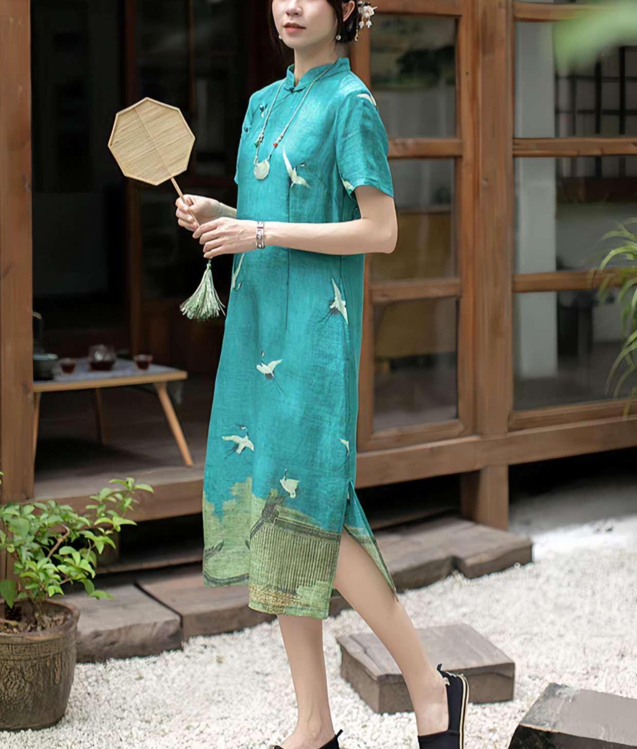 vestido Hanfu de lino chino, vestido largo estilo zen, vestido elegante con grullas  de lino, vestido bohemio oriental, regalo  para madre,