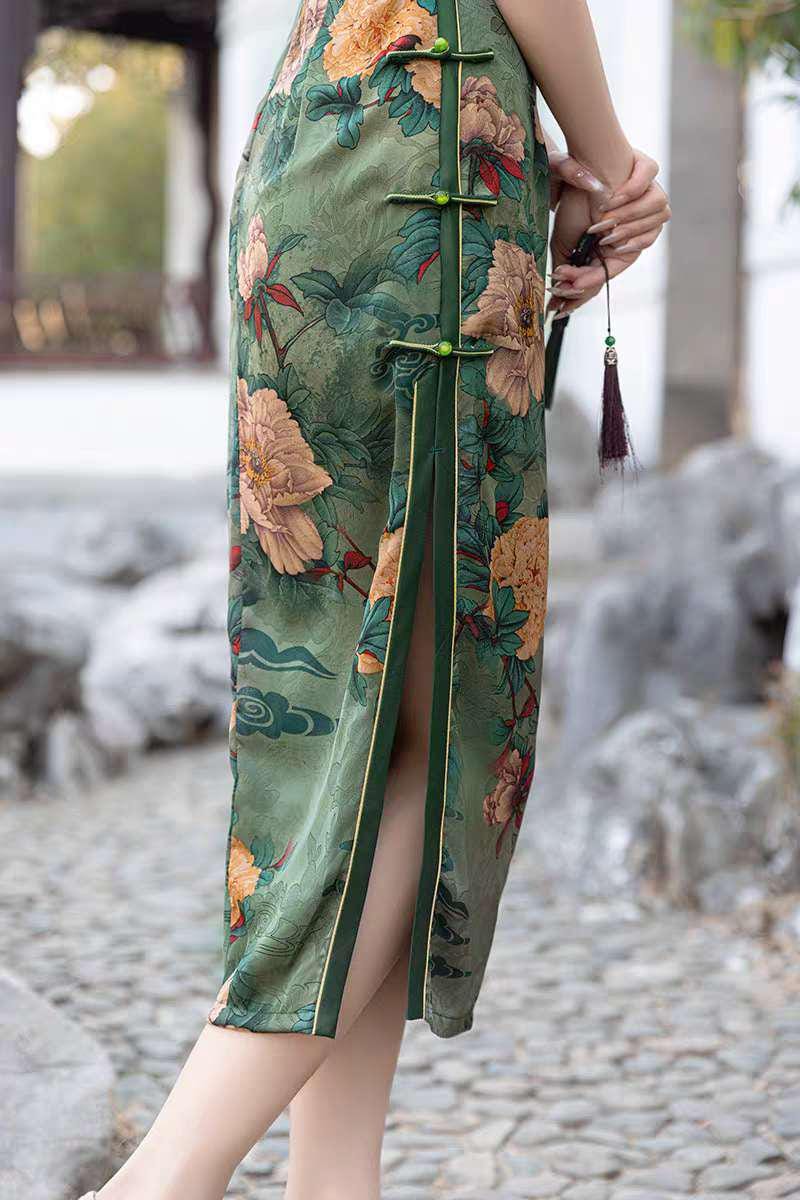 Qipao Floral Verde, Vestido Cheongsam de Seda, Vestido Estampado Peonía,Estilo Retro Chino, Vestido Qipao Clásico, Ceremonia del Té, regalo