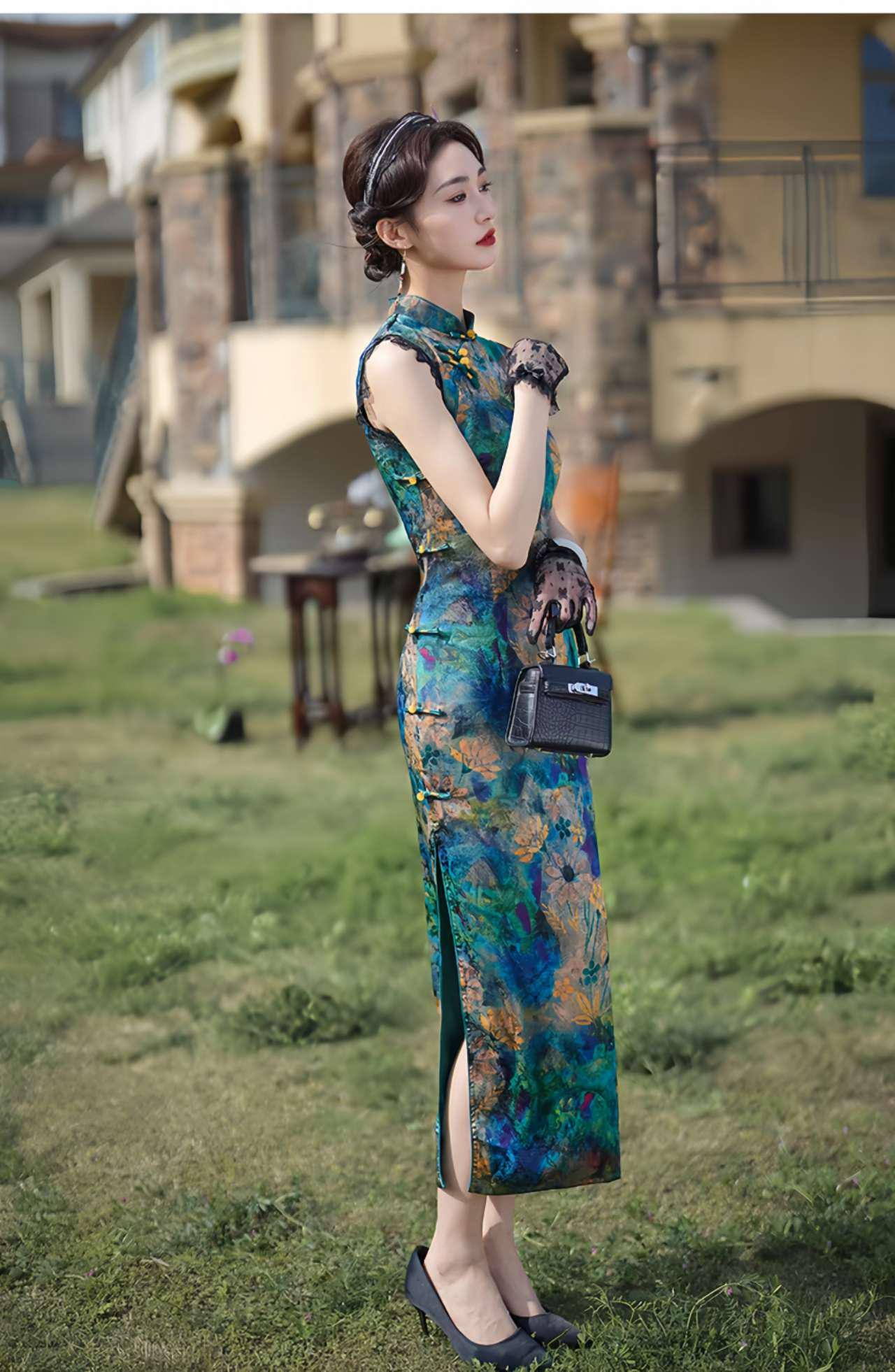 Vestido Qipao Chino Vintage, Cheongsam Largo Elegante, Ropa Tradicional Oriental, Vestido Asiático Hecho a Mano,Moda Retro, Vestido para Té
