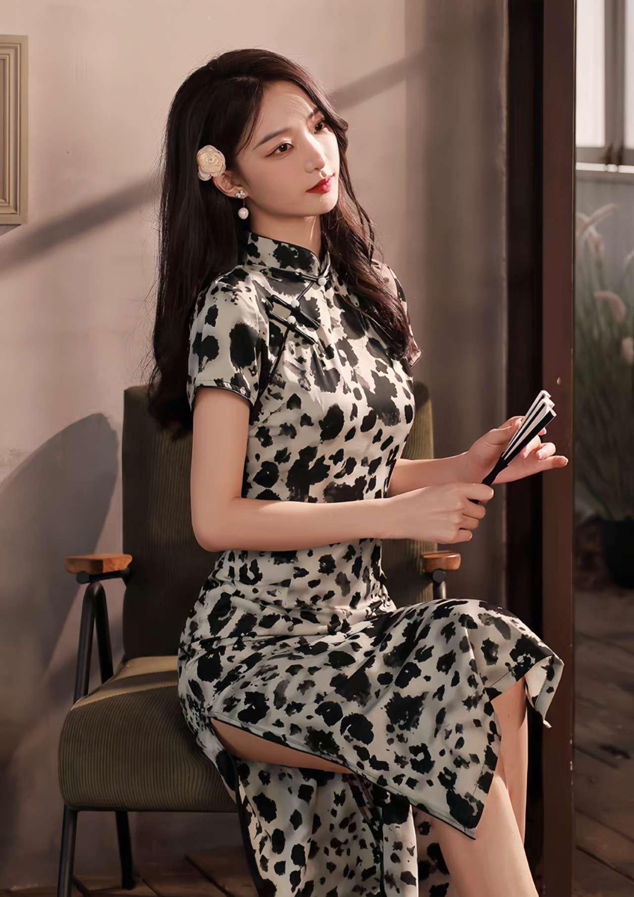 Ink Print Satin Qipao, Modern Cheongsam, Black and White Leopard Qipao, Summer Retro Chinese Dress, Casual Dress