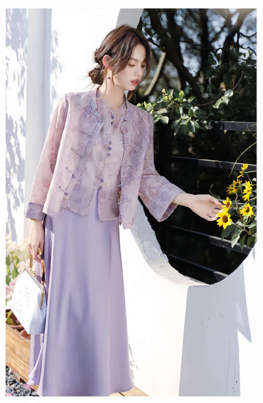 Vestido oriental de 3 piezas,Vestido Estilo Zen,Moderno Conjunto Hanfu,Conjunto Verano Oficina,Conjunto de falda asiática,Ceremonia del Té