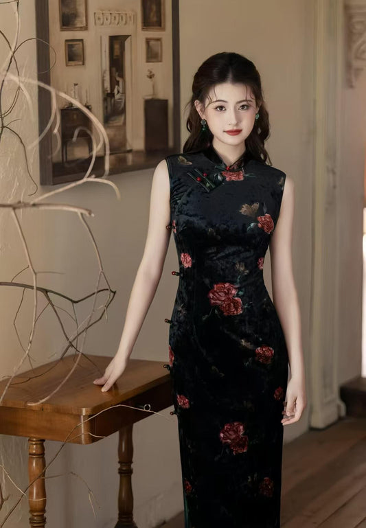 Black Velvet Qipao, Red Rose Floral Print Sleeveless Dress, Traditional Chinese Dress, Elegant Vintage Cheongsam