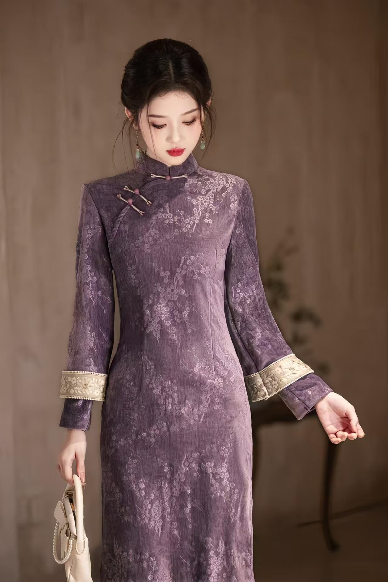 Purple Chenille Qipao, Plum Blossom Print Cheongsam, Vintage Chinese Dress, Elegant Oriental Dress, Luxury Retro Costume