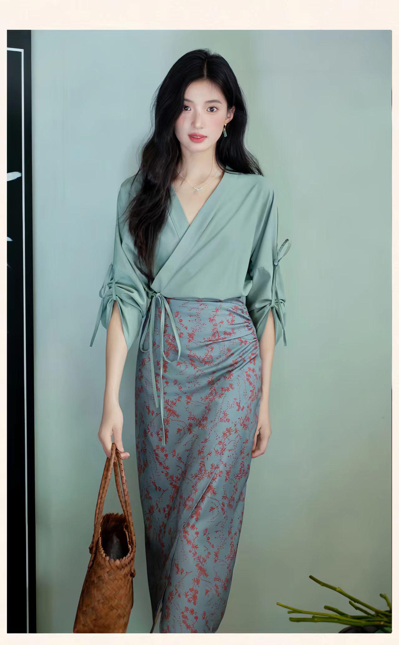 Elegante conjunto de falda y top verde, traje de dos piezas inspirado en el Qipao,conjunto de estilo chino vintage,ropa de oficina cultural