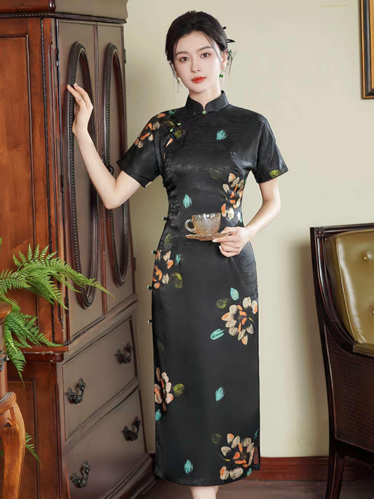 Qipao de jacquard negro, Vestido Cheongsam chino, Vestido Chino Vintage, tallas grandes M-4XL,Vestido para Ceremonia del Té,Regalo para ella