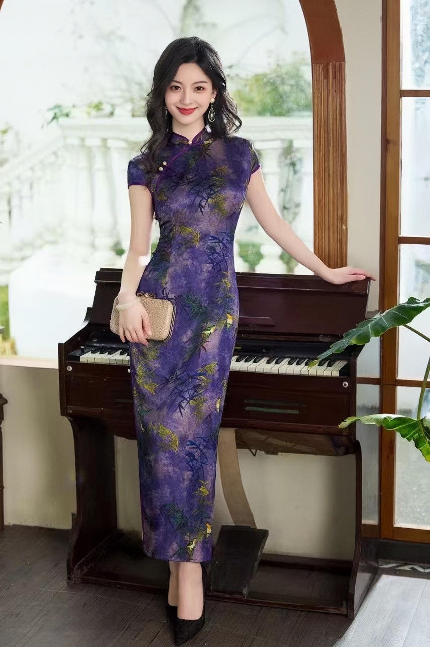 vestido qipao bambú violeta, qipao púrpura sofisticado, Vestido Cheongsam Moderno,  Vestido Vintage Elegante para Té, regalo para ella