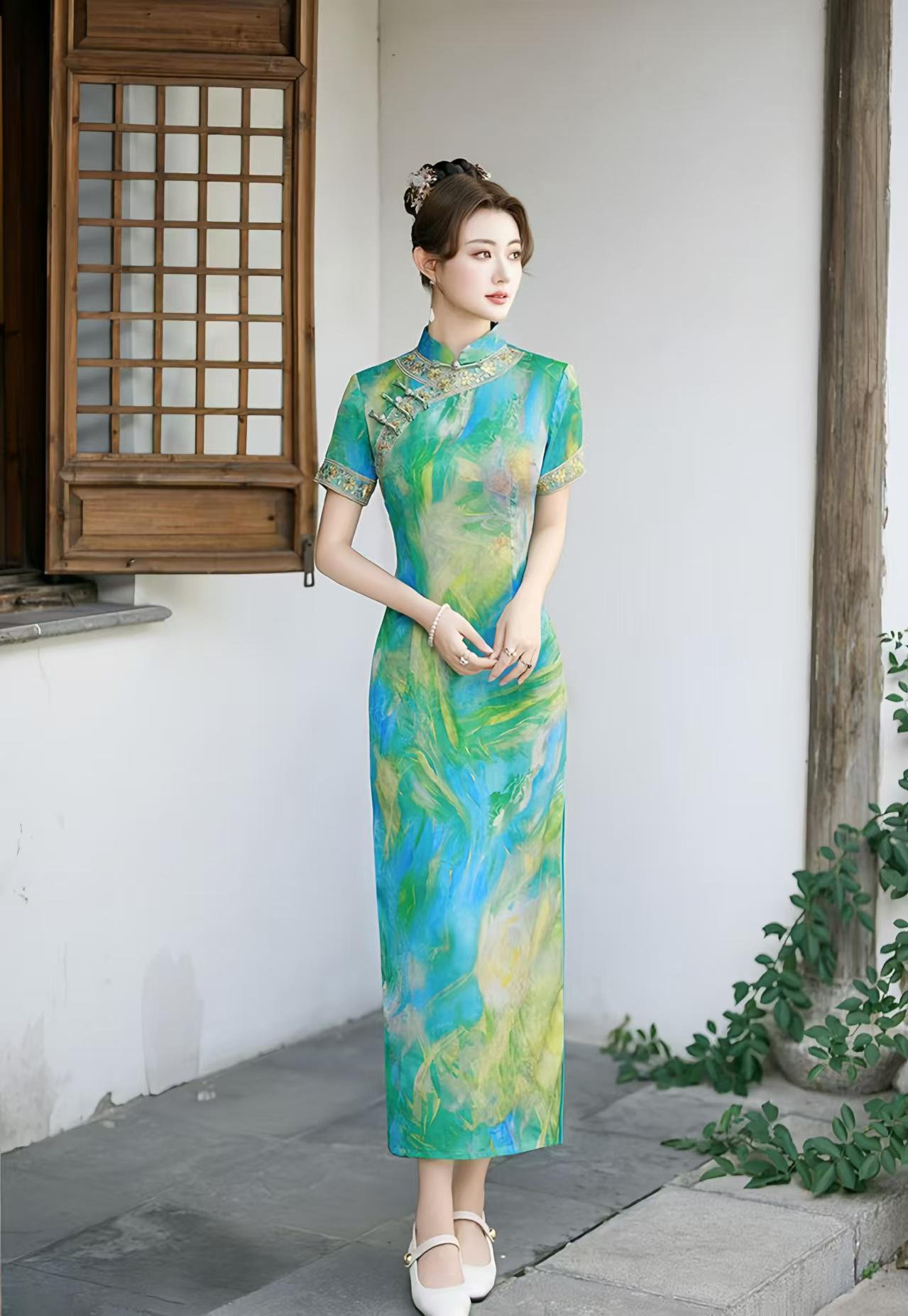 Qipao Jacquard,Vestido Cheongsam,Vestido Étnico Bordado, Maxi Qipao Artístico Azul Verde,Vestido Formal Tradicional Asiático,Vestido de Lujo