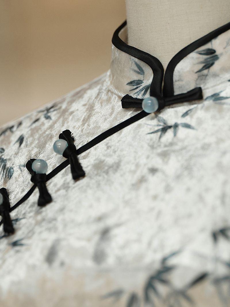 Vestido Qipao de Terciopelo con Bambú,Cheongsam Chino Elegante, Vestido Tradicional Oriental, Manga Corta, regalo para novia