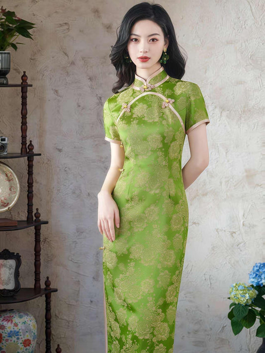 Qipao Brocado Verde, Elegante Cheongsam,Qipao Primavera Verano, Vestido Formal Oriental, Vintage,Cheongsam Invitada de Boda,Ceremonia del Té