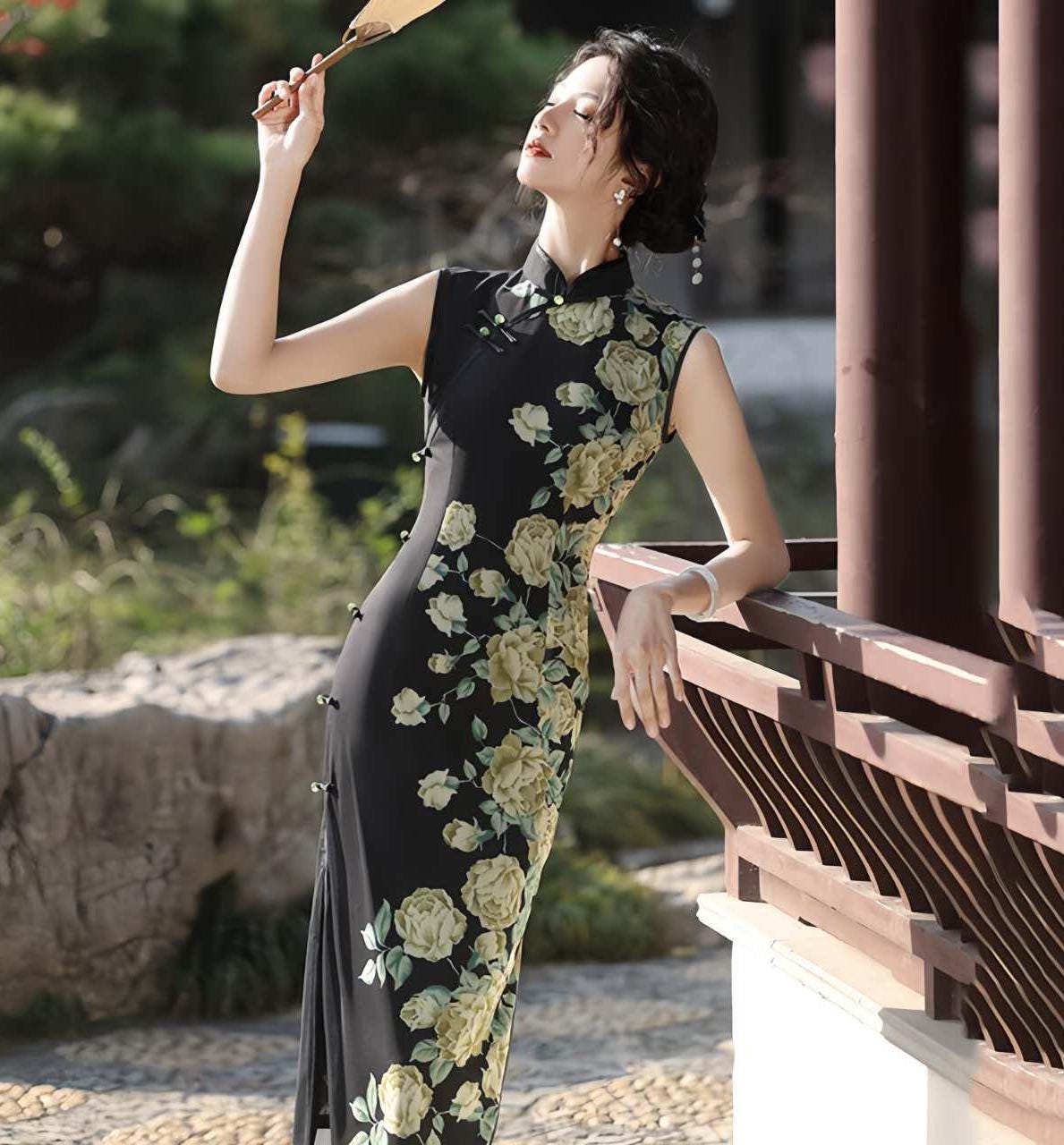 Qipao Floral Sin Mangas – Vestido Cheongsam de Malla Suiza – Elegante Vestido Chino para Fiesta de Té – Moda Asiática Vintage
