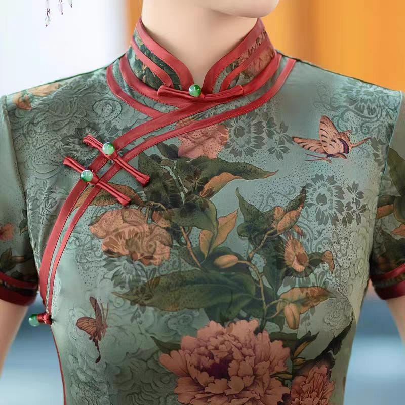 Qipao Floral Vintage, Cheongsam Brocado Verde, Vestido de Boda Oriental, Vestido Retro Asiático, Vestido Qipao Clásico, Ceremonia del Té