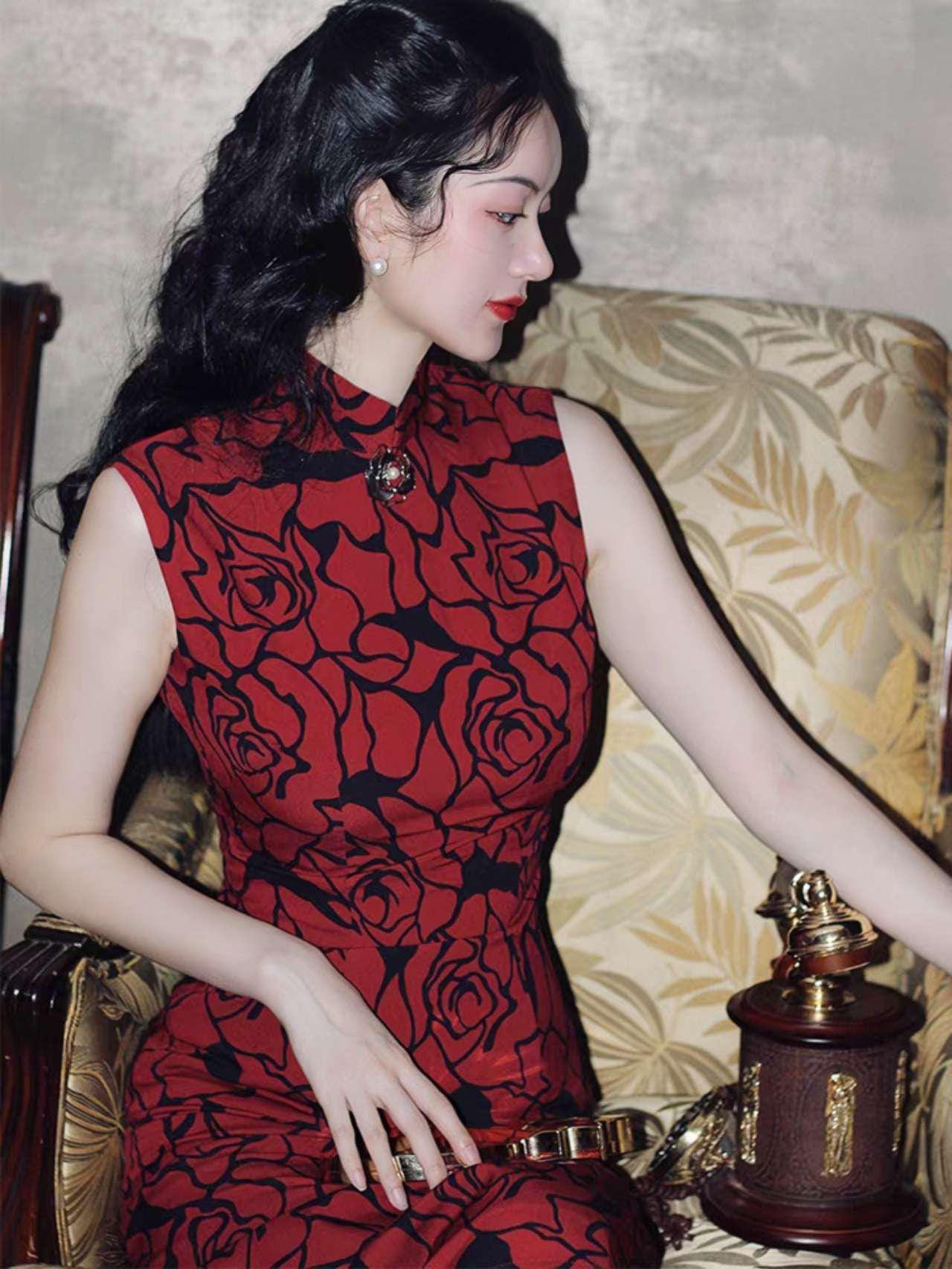 Vestido Cheongsam Rosa Roja, Vestido Qipao Chino Vintage, Vestido de invitada de boda, Vestido Midi,Vestido Estilo Shangai Años 30