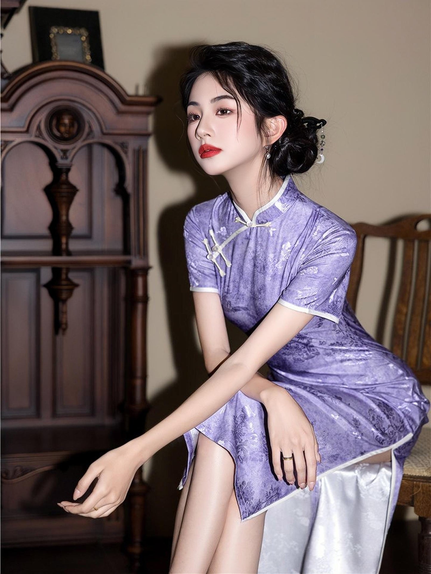 Vestido Qipao Morado, Elegante Cheongsam Chino,Vestido Retro Midi, Vestido Invitación de Boda Lavanda, Vestido Ceremonia Té,regalo para ella
