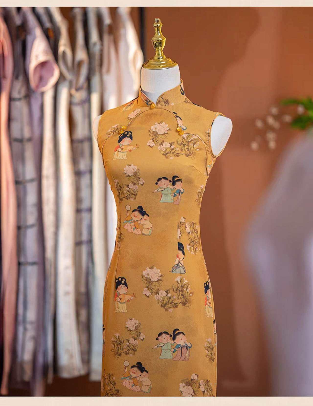 vestido cheongsam retro, qipao largo con dibujos chinos,vestido artístico estilo vintage, regalo para mamá,Vestido Vintage Elegante para Té