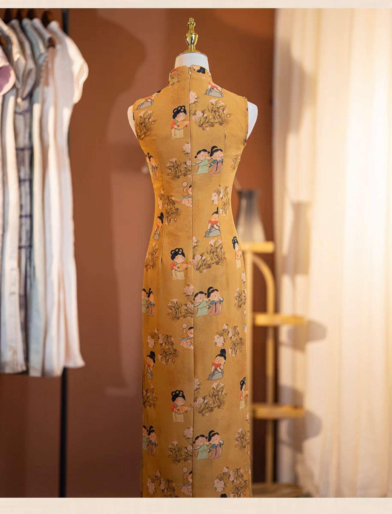 vestido cheongsam retro, qipao largo con dibujos chinos,vestido artístico estilo vintage, regalo para mamá,Vestido Vintage Elegante para Té