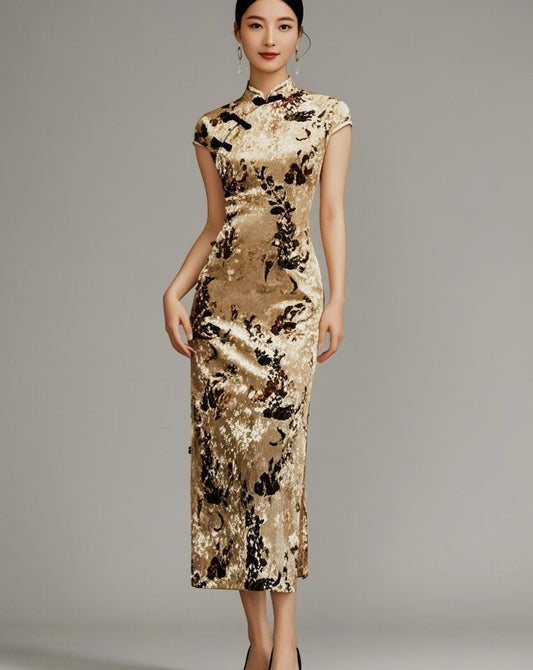 Vestido Qipao Floral Oro Champán | Cheongsam con Tacto Terciopelo para Mujer | Vestido Chino Elegante | Atuendo de Noche Tradicional