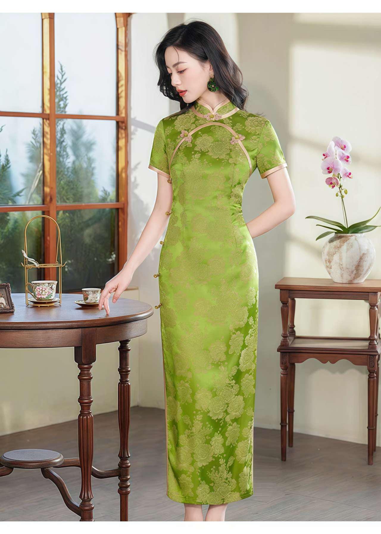 Qipao Brocado Verde, Elegante Cheongsam,Qipao Primavera Verano, Vestido Formal Oriental, Vintage,Cheongsam Invitada de Boda,Ceremonia del Té