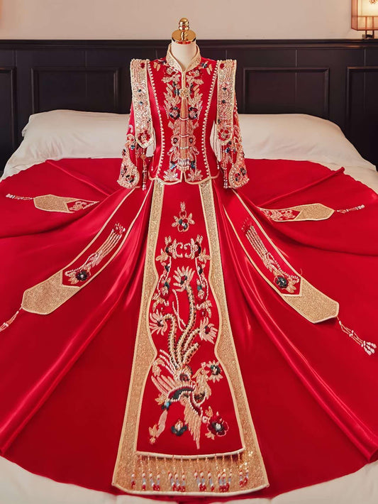 Vestido Chino Rojo Real, Vestido Tradicional Qun Kwa, Traje de Novia Cheongsam Vintage, Ceremonia de Té de Boda, Look de Compromiso Chino