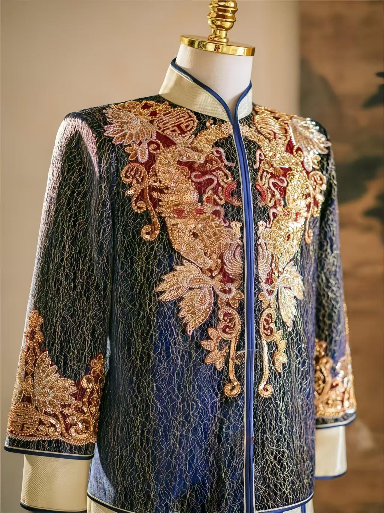 Chinese Groom Suit, Dragon and Phoenix Embroidered Groom Suit, Traditional Silk Brocade Groom Suit, Long-Sleeved Luxury Wedding, Gift