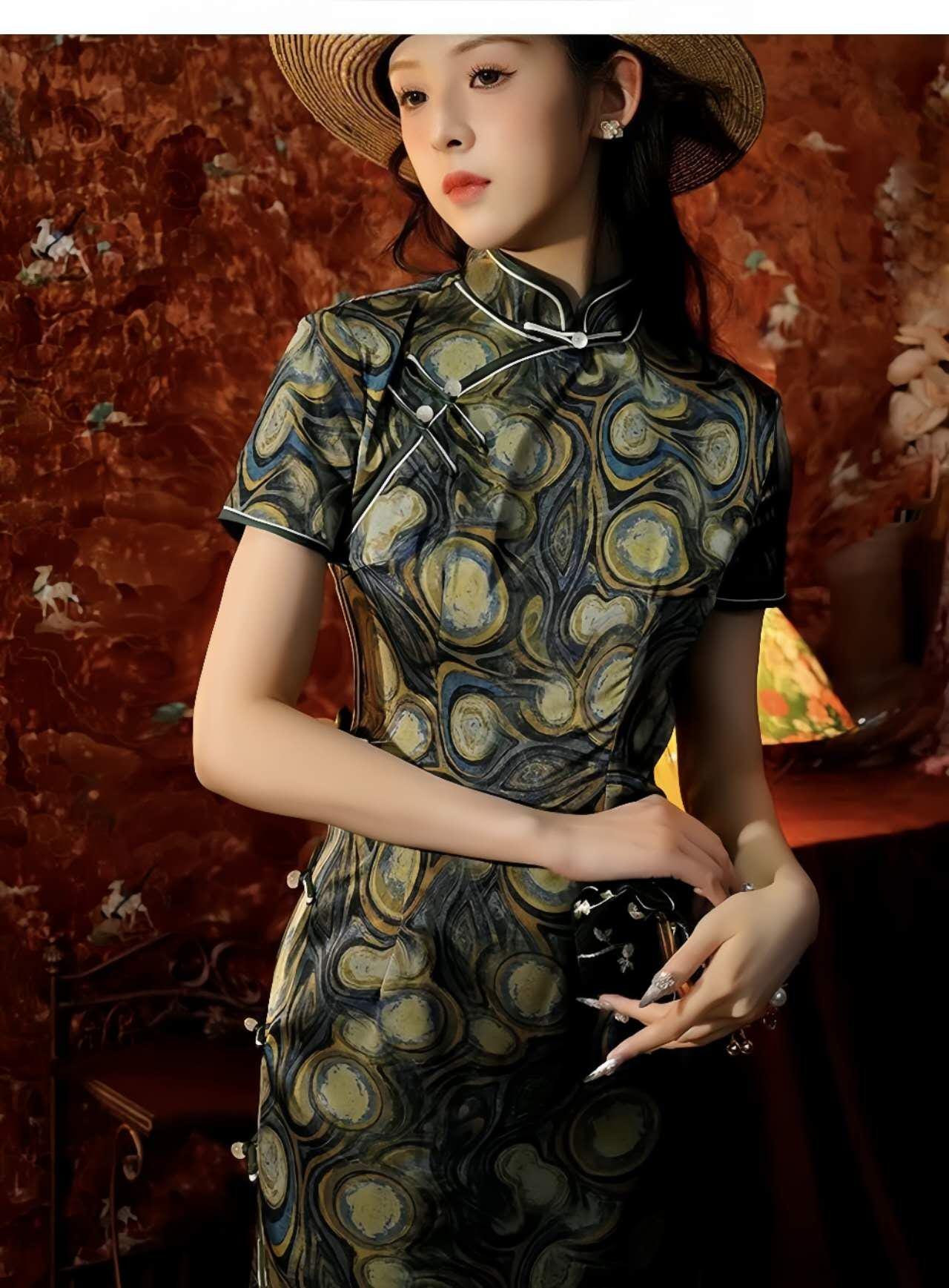 Qipao de estilo renacentista, Cheongsam de brocado artístico, Vestido de patrón barroco, Vestido vintage, Vestido para la ceremonia del té