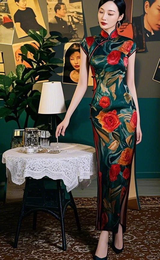Vestido Qipao de Seda | Elegante Cheongsam Chino | Cheongsam con Corte 3D para Mujer | Vestido Largo de Seda de Lujo