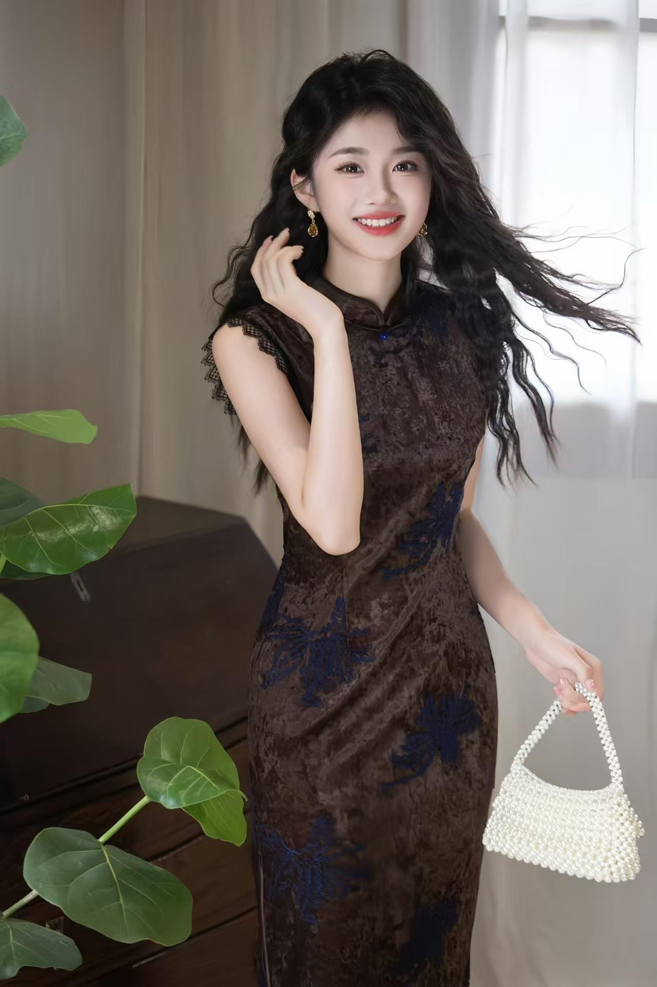Velvet Qipao Dress with Diamonds, Coffee Brown Cheongsam with Blue Embroidery, Elegant Chinese Midi Dress with Lace Trim, Autumn Luxury