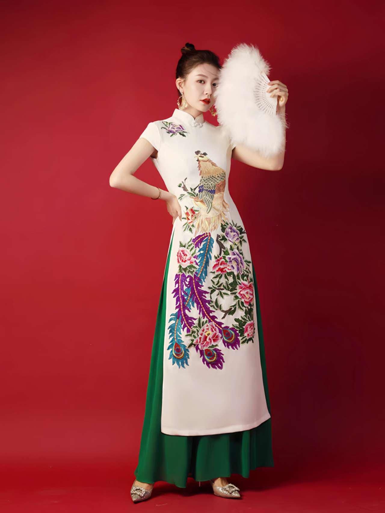 Vestido Ao Dai Qipao, Vestido Cheongsam Oriental, Vestido Bordado Pavo Real, Vestido de Noche Vintage Asiático, Vestido Estilo Vietnamita