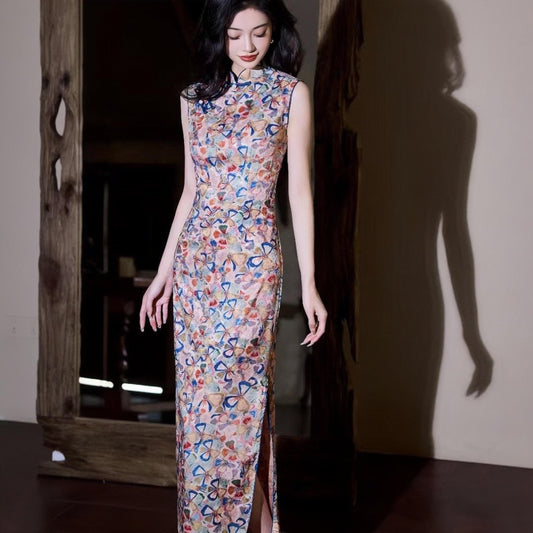 Qipao con Patrón Floral Abstracto,Cheongsam Moderno,Vestido Vintage Estilo Chino,Brillante Vestido de Cóctel,Vestido con Estampado Artístico