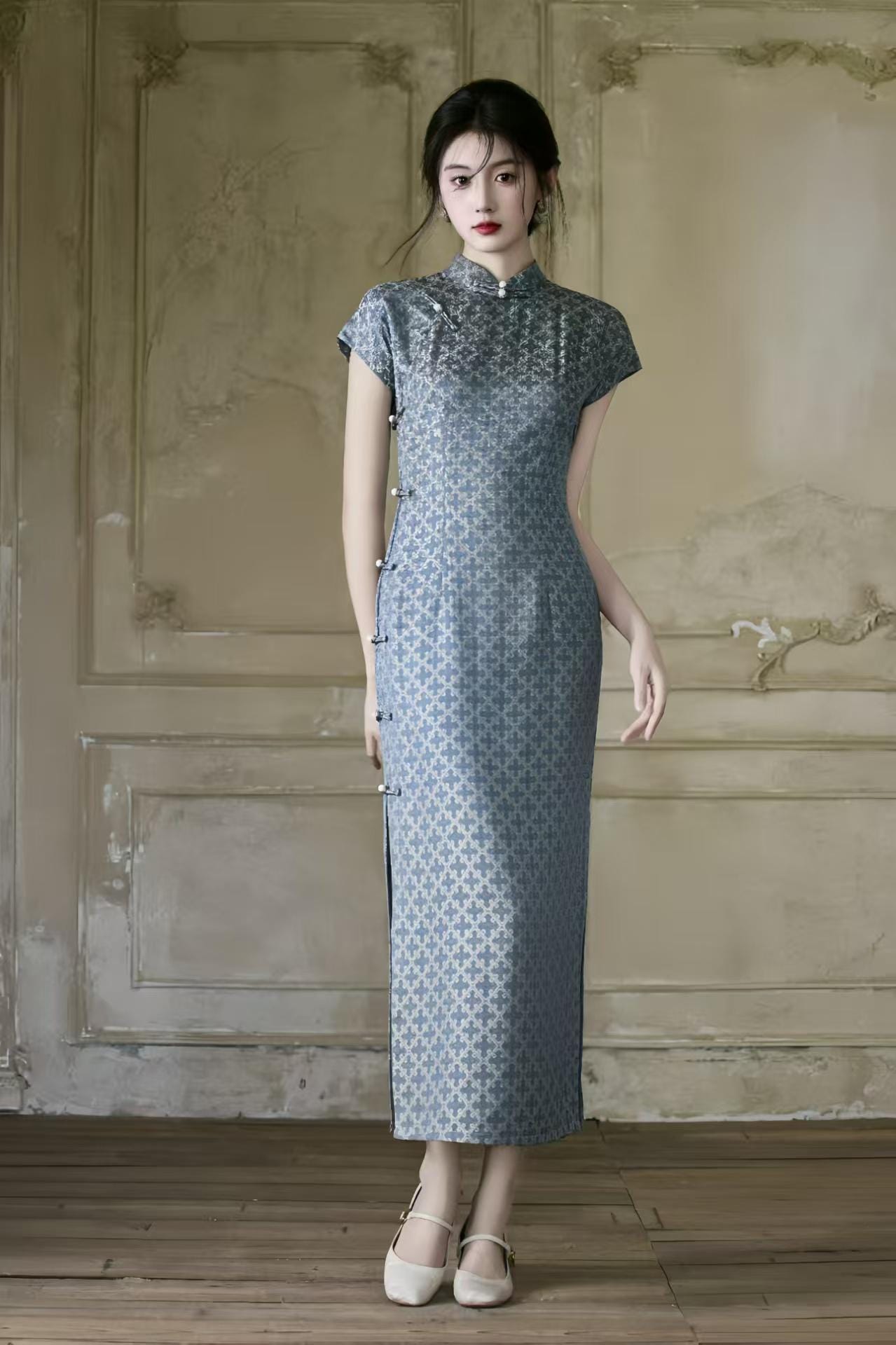Jacquard Qipao Cheongsam, Elegant Mandarin Collar Dress, Vintage Chinese Dress, Slim Fit Party Dress, Blue Formal Dress, Gift