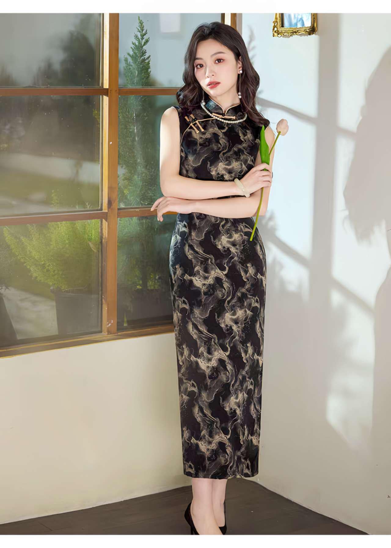 Cheongsam negro, Vestido de noche chino vintage, Regalo para ella, Vestido de cóctel oriental, Qipao formal, Vestido para Ceremonia del Té