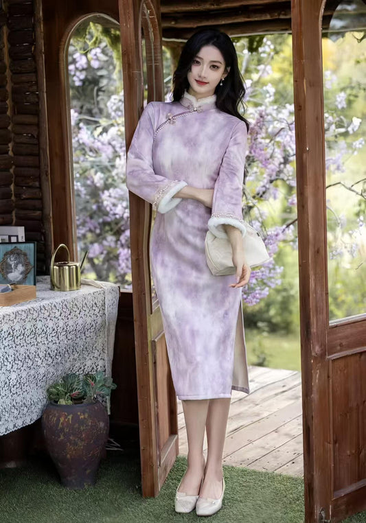 Purple-white velvet qipao, lined cheongsam, elegant Chinese dress, vintage oriental dress, luxury Asian winter costume