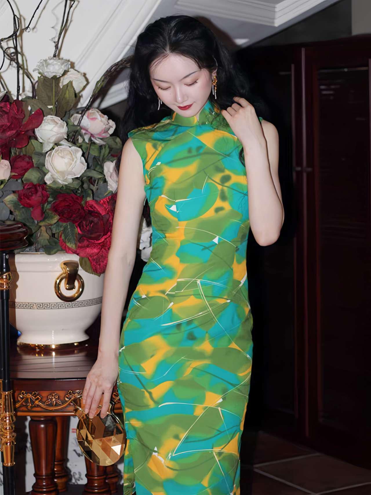 vestido qipao pintura al óleo, cheongsam chino verde moderno, qipao seda japonesa elegante,Vestido Vintage Elegante para Té,regalo para ella