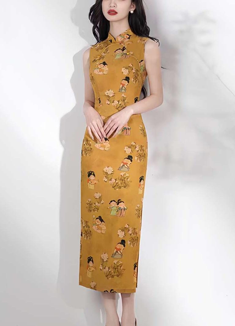 vestido cheongsam retro, qipao largo con dibujos chinos,vestido artístico estilo vintage, regalo para mamá,Vestido Vintage Elegante para Té