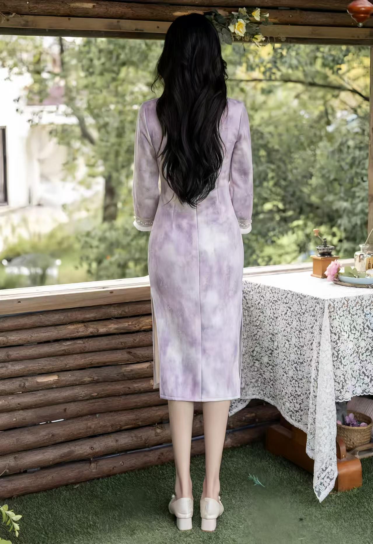 Purple-white velvet qipao, lined cheongsam, elegant Chinese dress, vintage oriental dress, luxury Asian winter costume