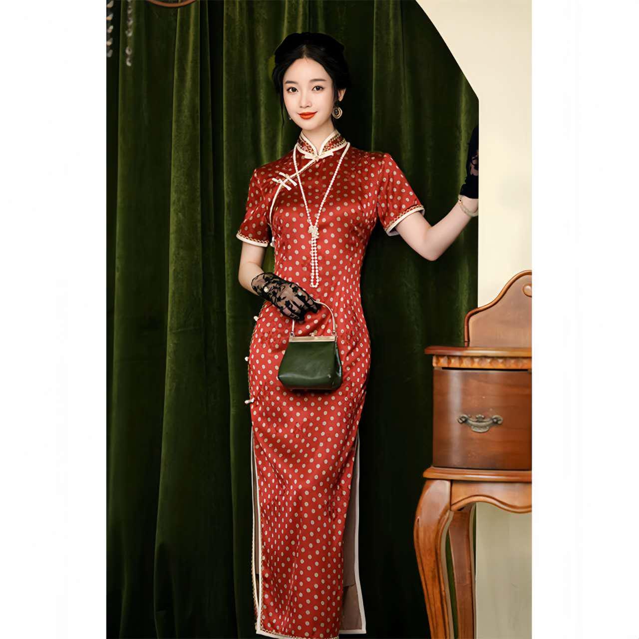 Qipao Vintage de Lunares, Vestido Cheongsam Estilo Francés, Vestido Chino Años 30, Vestido Brocado Floral rojo, Vestido Retro Té Shangai