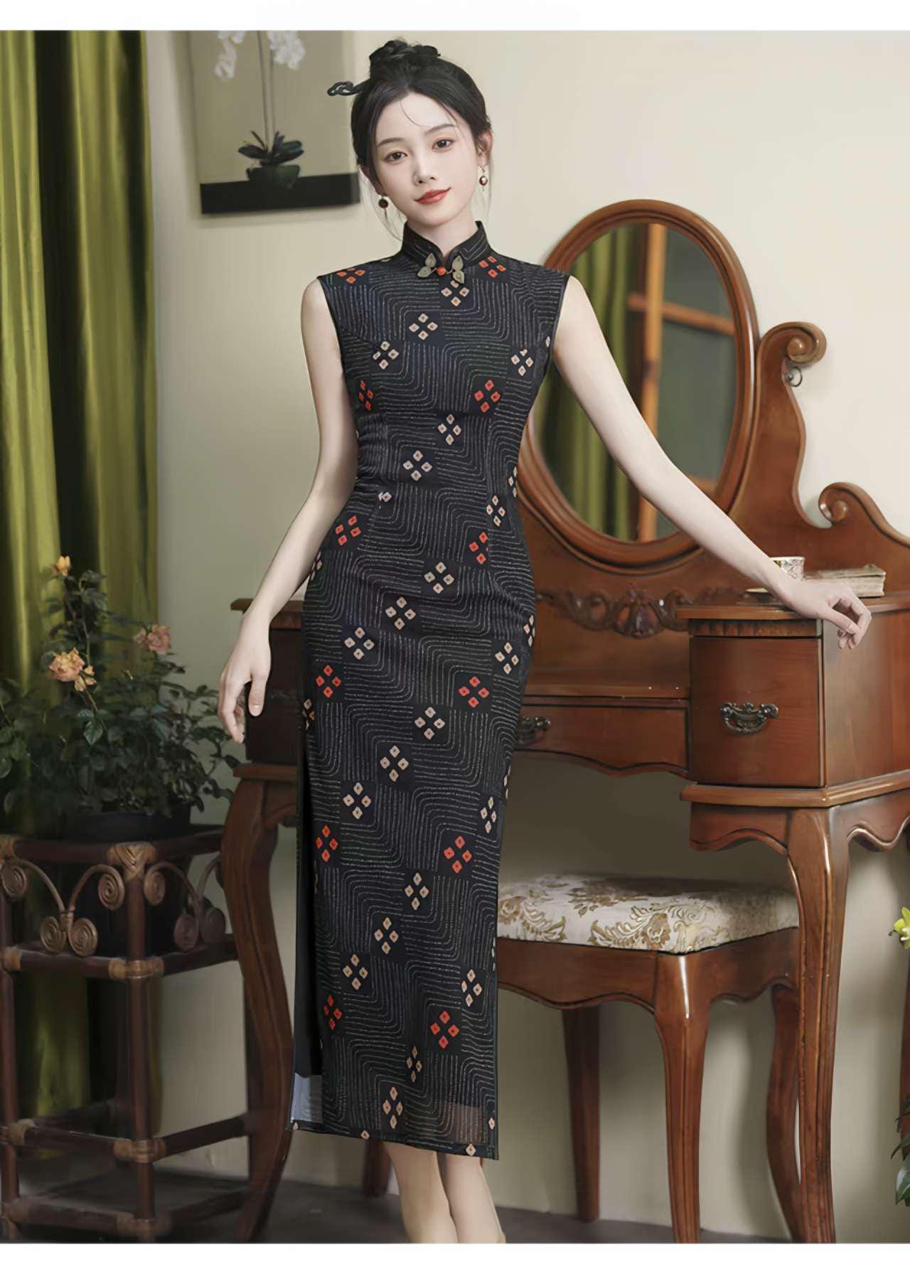 Vestido Qipao Negro, Cheongsam Chino Retro, Elegante Vestido, Vestido Oriental Minimalista, Qipao Geométrico Moderno,Traje de Noche Asiático