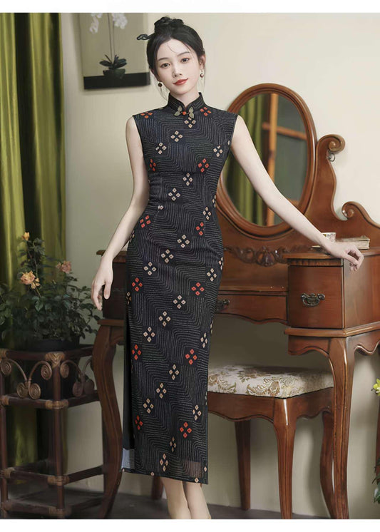 Vestido Qipao Negro, Cheongsam Chino Retro, Elegante Vestido, Vestido Oriental Minimalista, Qipao Geométrico Moderno,Traje de Noche Asiático
