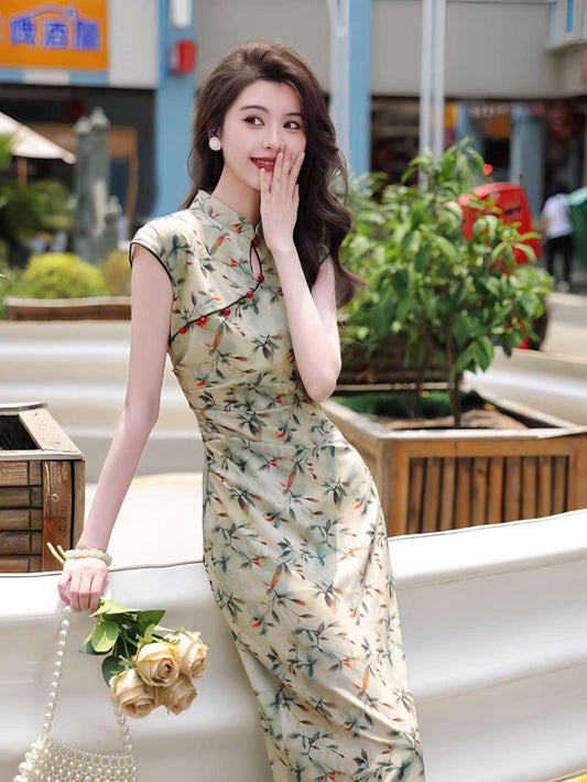 Qipao Floral Tencel, Qipao Oriental Midi, Cheongsam de Hojas de Acuarela, Vestido Tradicional Asiático, Vestido para Ceremonia del Té,regalo