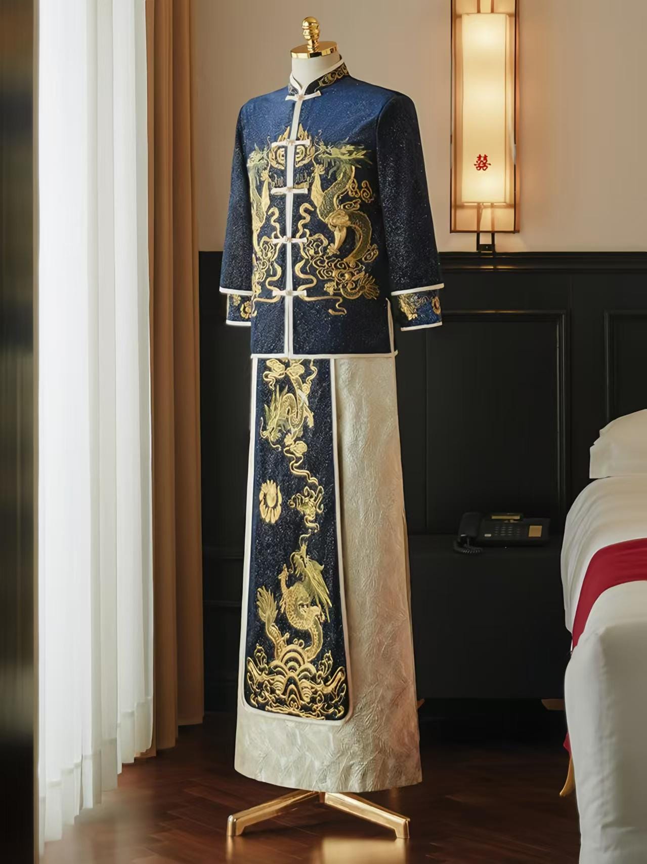 Traje de Novio Boda China, Bata Bordada Dragón Fénix, Chaqueta Tang,Traje Tradicional Hanfu,Ceremonia de Té de Boda,Look de Compromiso Chino