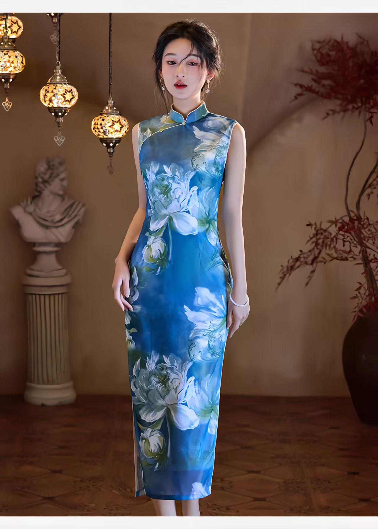 Vestido Qipao Malla Azul,Cheongsam Floral Acuarela,Vestido Chino Moderno,Vestido de Fiesta Cultural,Qipao Primavera Verano, regalo para ella