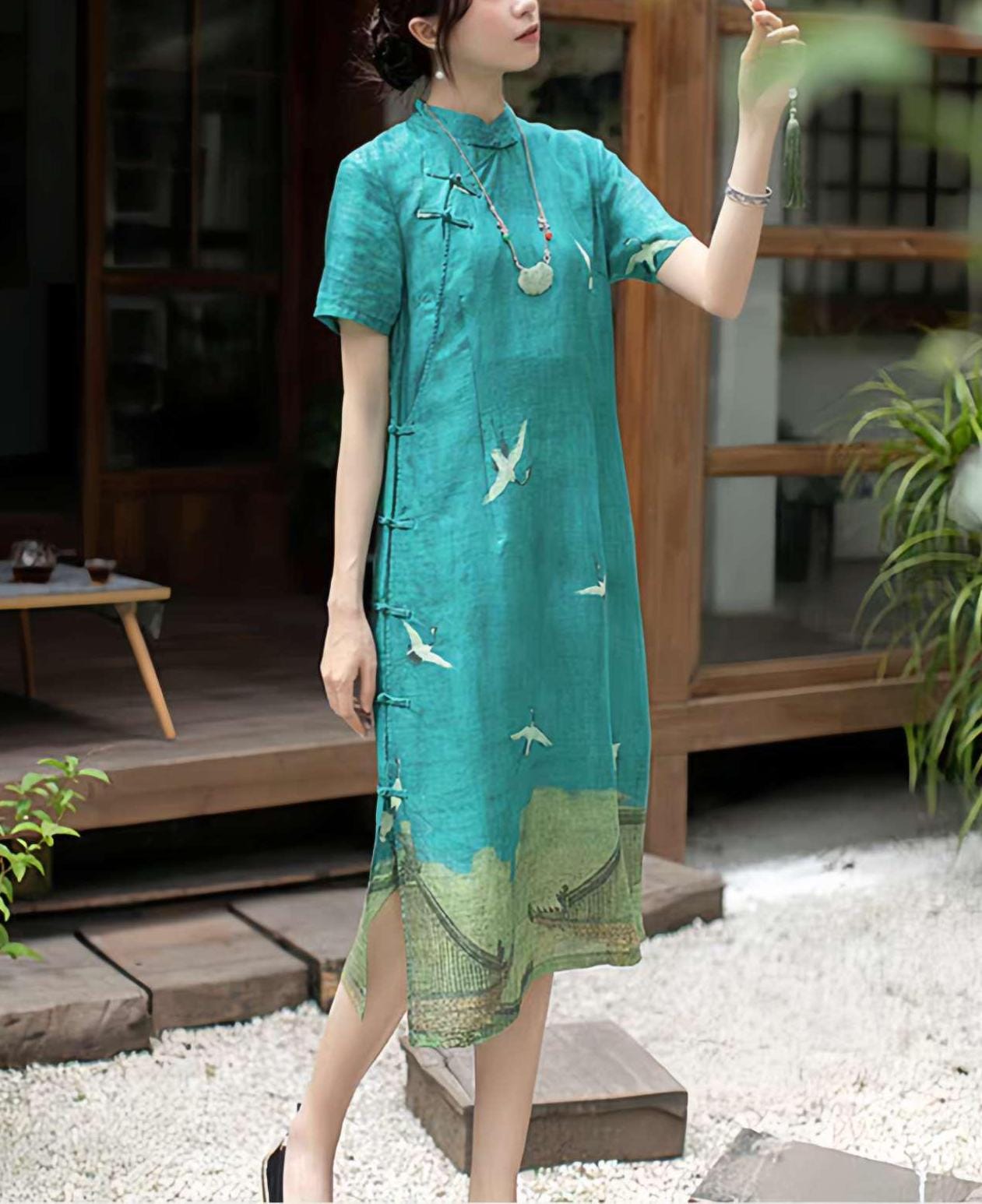 vestido Hanfu de lino chino, vestido largo estilo zen, vestido elegante con grullas  de lino, vestido bohemio oriental, regalo  para madre,