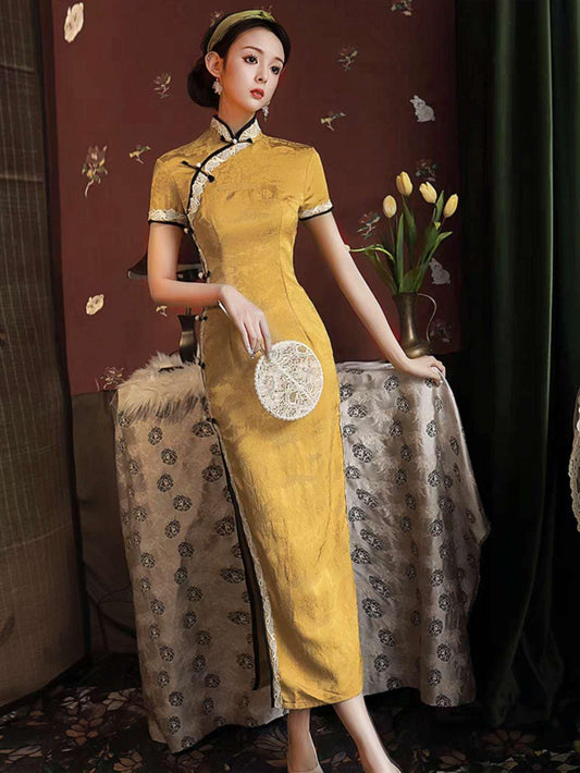 Vestido Qipao Dorado, Elegante Cheongsam Chino, Vestido Retro Largo, Vestido Cultural de Té Amarillo, Vestido Formal de Fiesta Asiático