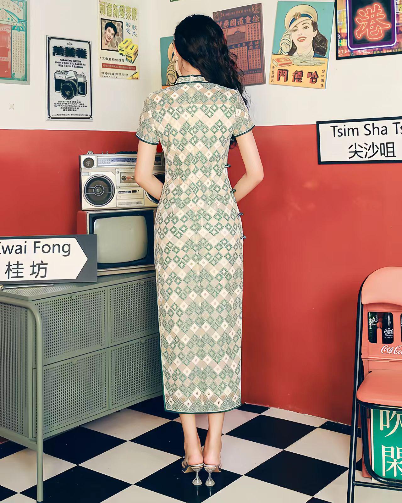 Qipao retro, vestido Hong Kong de los 90, Qipao cuadriculado, vestido vintage urbano,vestido de encaje de chica guay, vestido oriental funky