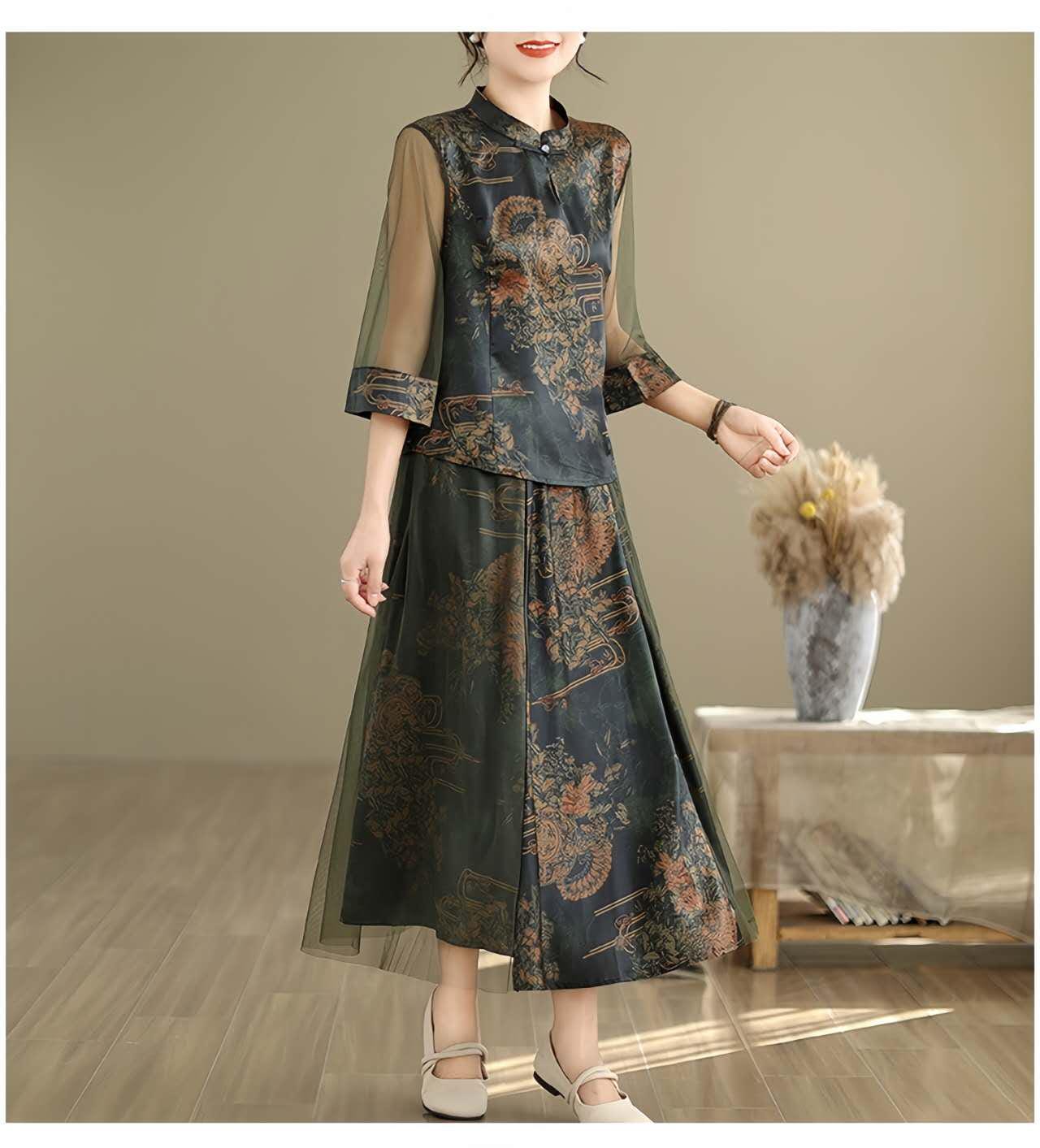 Vestido Chino de Dos Piezas, Traje Vintage Tang,Traje Oriental Cheongsam,Traje Tradicional Asiático,Ropa Retro Estilo Chino,Ceremonia del Té