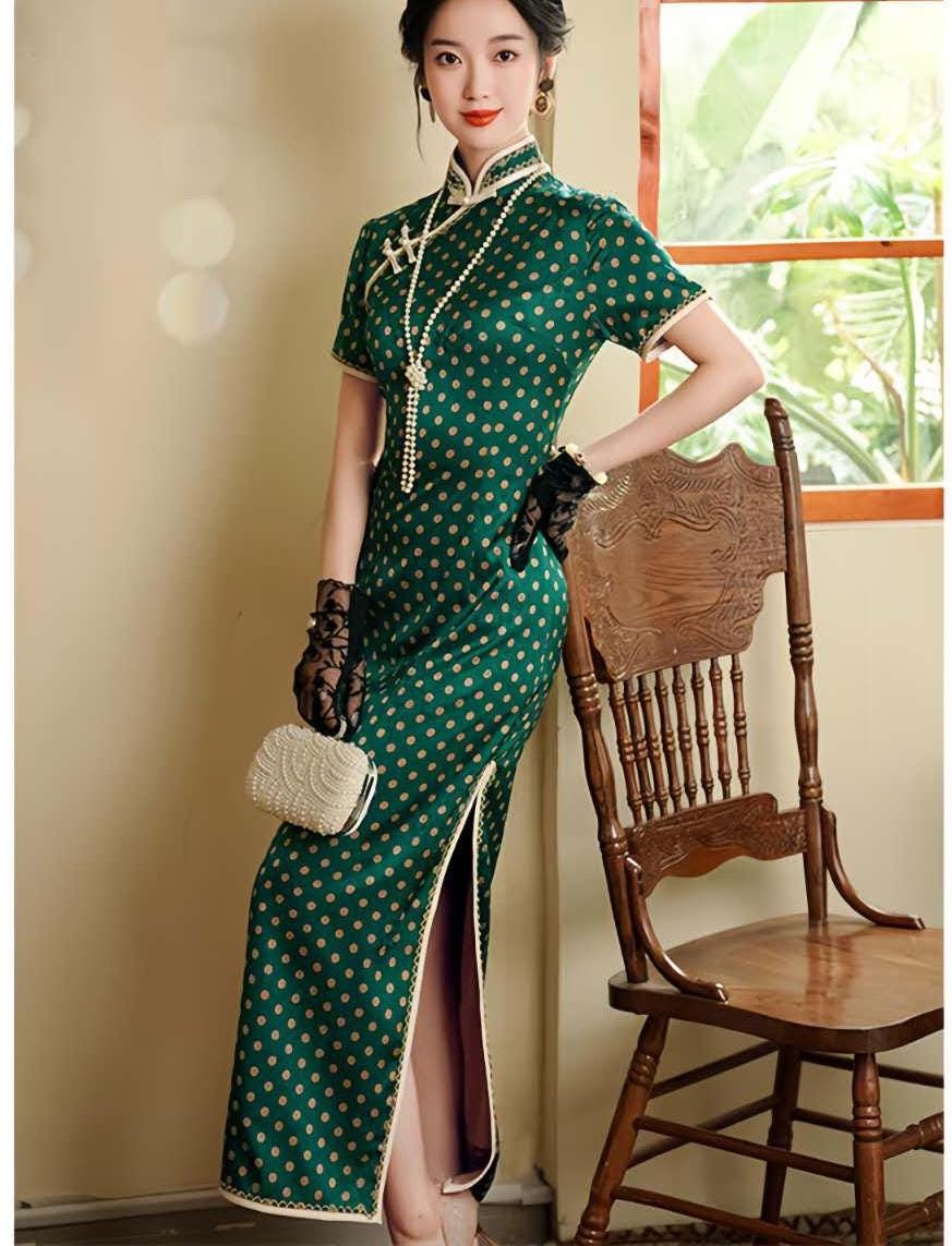 Vintage Polka Dot Qipao, French Style Cheongsam Dress, Retro Shanghai Tea Green Dress, Republic of China Period Fashion, Plus Size