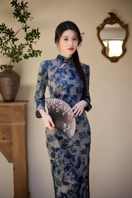 Velvet Qipao Dress, Blue Cheongsam with Butterfly Print, Elegant Oriental Evening Dress, Vintage Chinese Cocktail, Formal Fashion